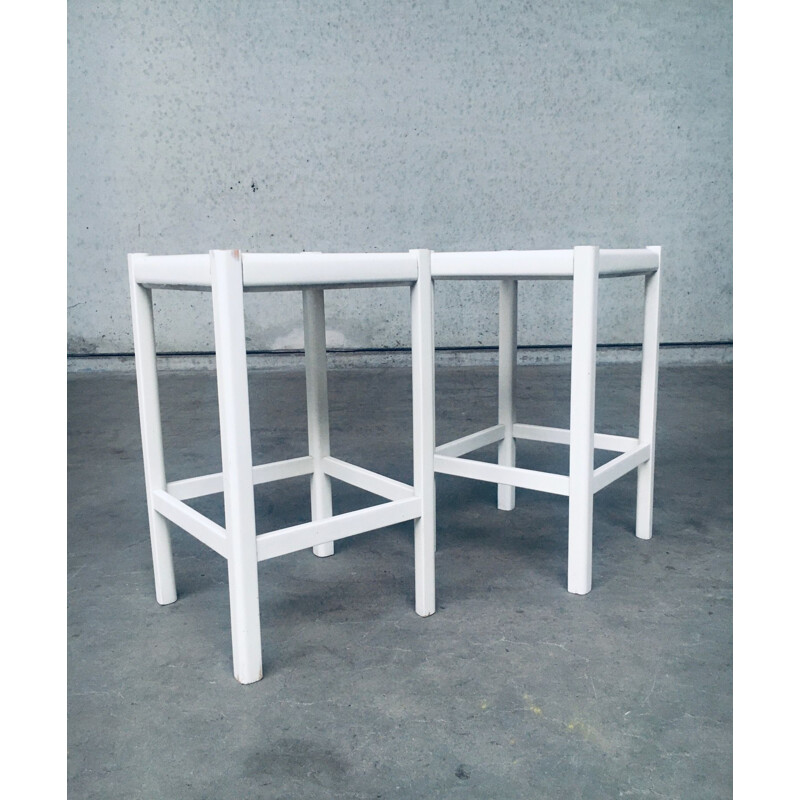 Pair of vintage high stools in white stained wood and cane, 1970