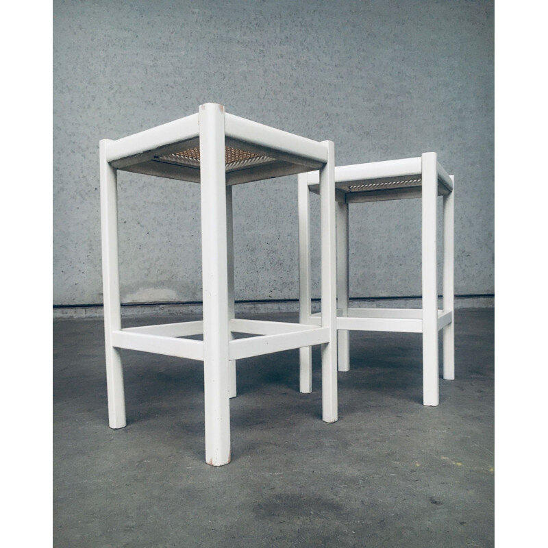 Pair of vintage high stools in white stained wood and cane, 1970