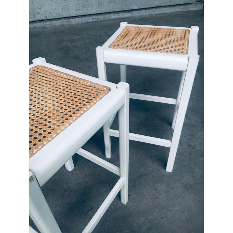 Pair of vintage high stools in white stained wood and cane, 1970