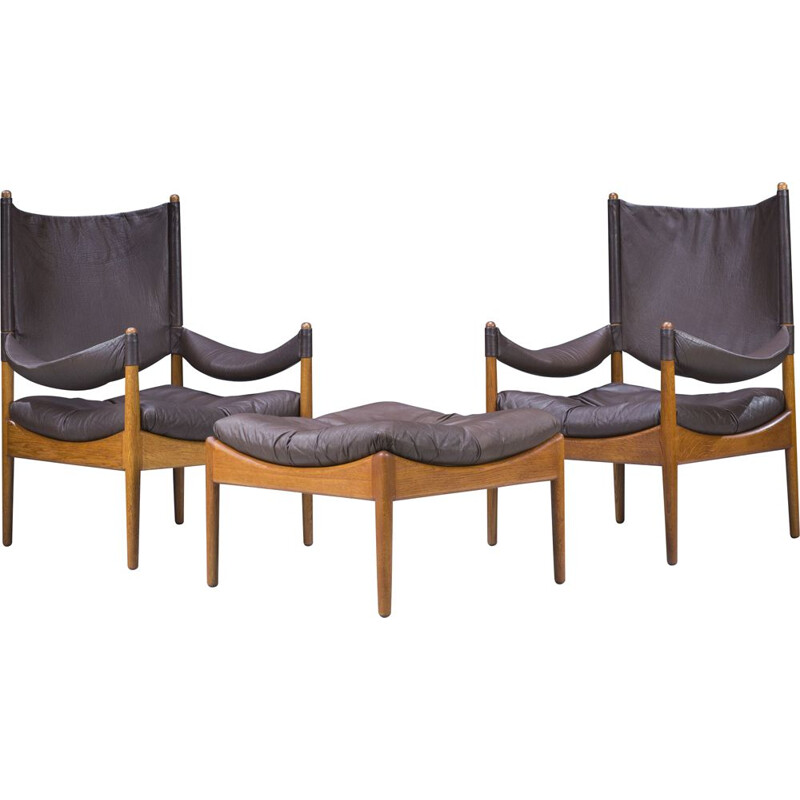 Mid-century Danish oakwood and leather living room set by Kristian Vedel, 1960s