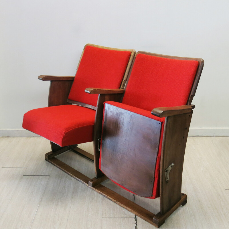 Vintage portuguese red cinema 2 seater bench - 1940s