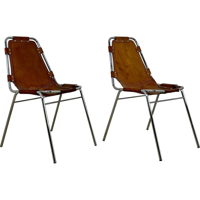 Pair of vintage Les Arcs chairs in leather and chromed metal by Charlotte Perriand, 1960