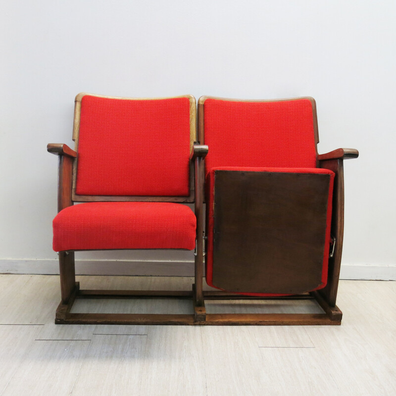 Vintage portuguese red cinema 2 seater bench - 1940s