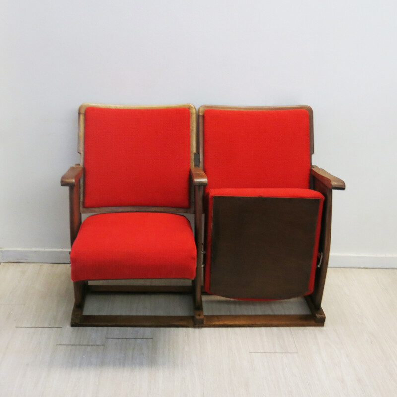 Vintage portuguese red cinema 2 seater bench - 1940s