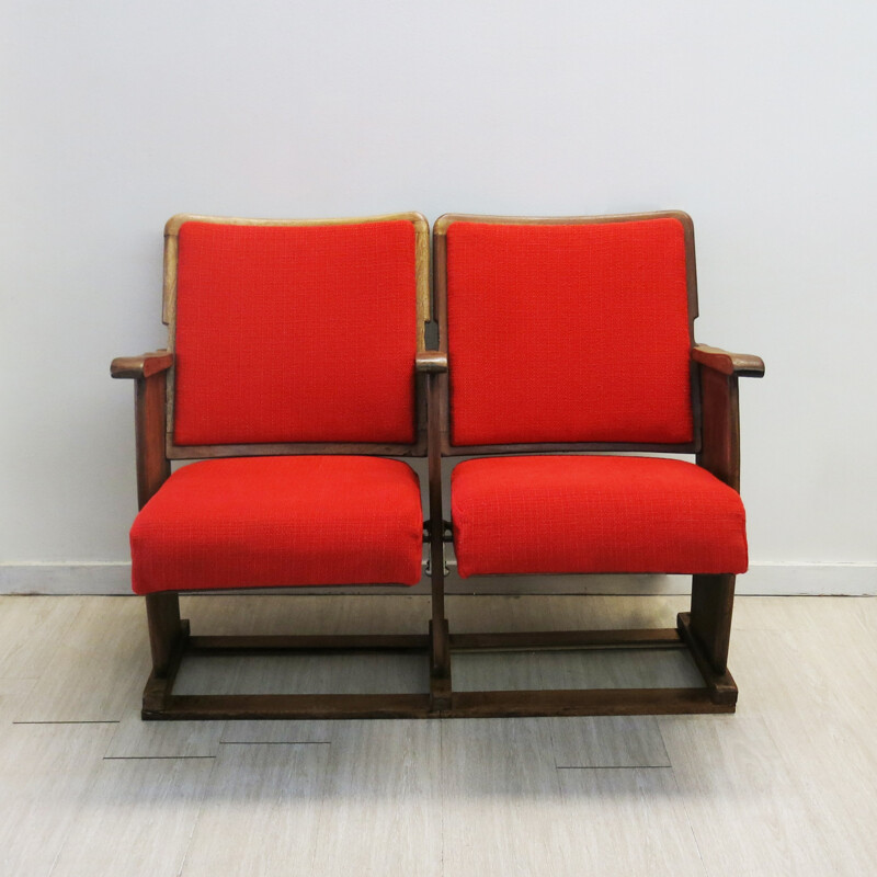 Vintage portuguese red cinema 2 seater bench - 1940s