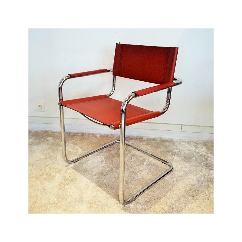 Armchair in chromed sheet steel and cognac leatherette - 1930s