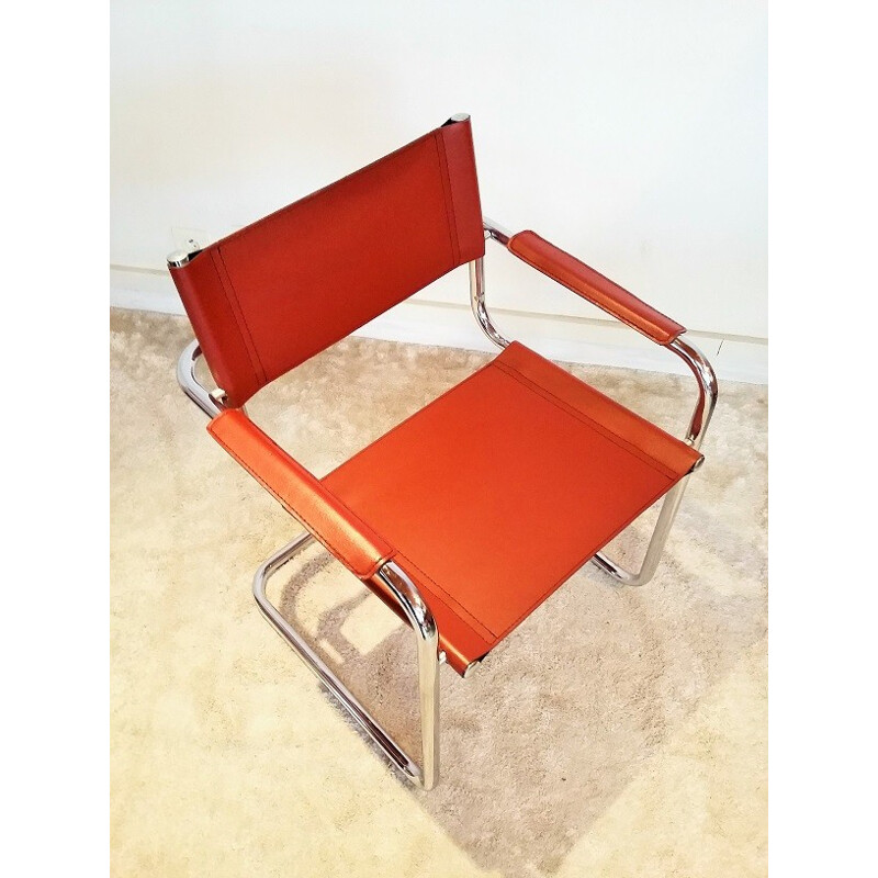 Armchair in chromed sheet steel and cognac leatherette - 1930s