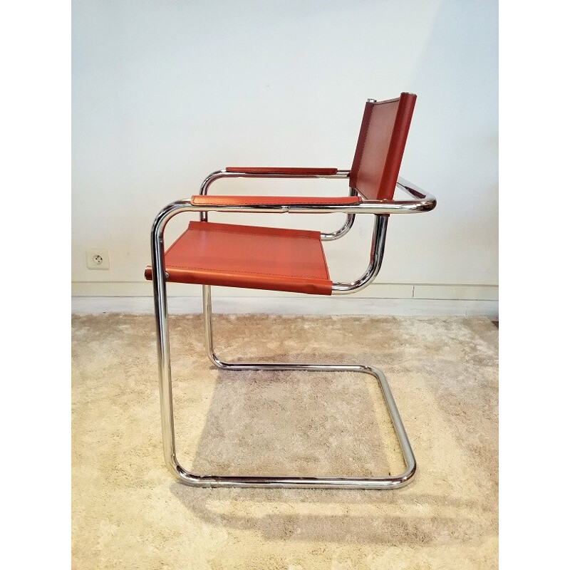 Armchair in chromed sheet steel and cognac leatherette - 1930s