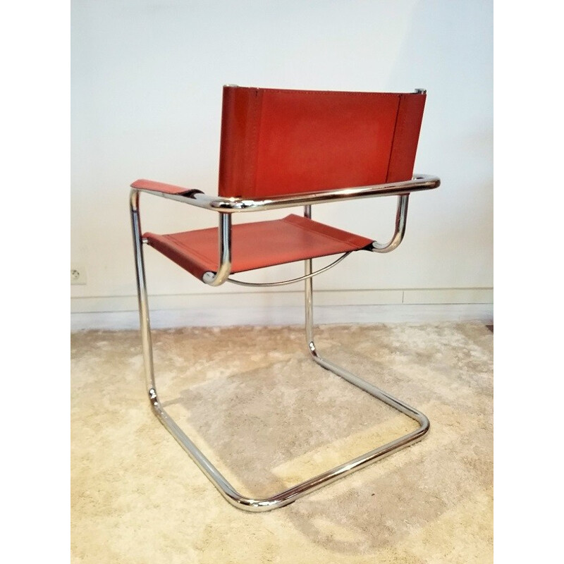 Armchair in chromed sheet steel and cognac leatherette - 1930s