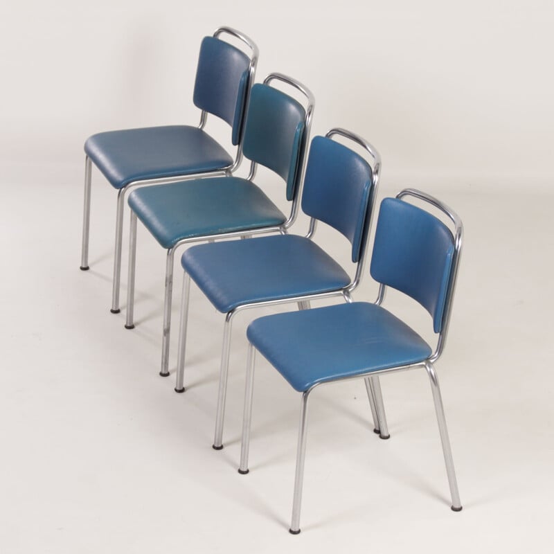 Set van 4 vintage Gispen 106 blauwe stoelen van W.H. Gispen voor Gispen, 1960