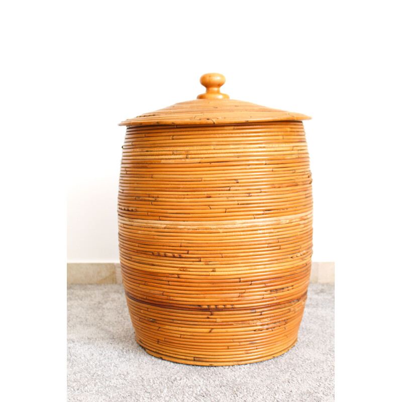 Vintage cylindrical wicker basket, Italy 1970s
