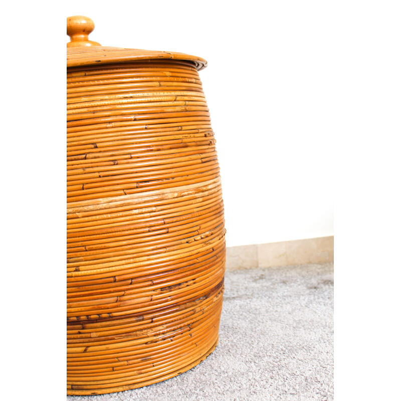 Vintage cylindrical wicker basket, Italy 1970s