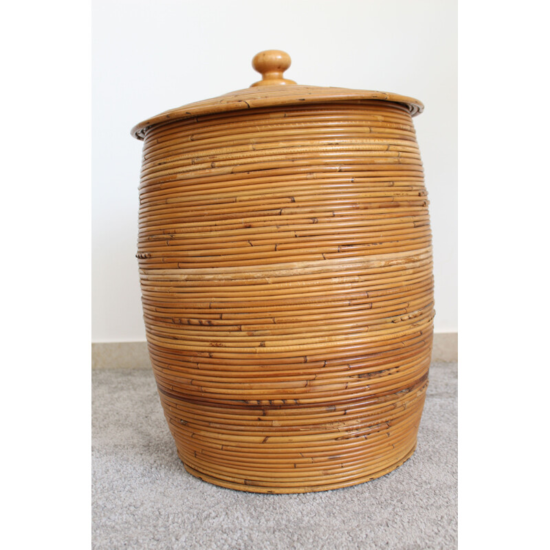 Vintage cylindrical wicker basket, Italy 1970s