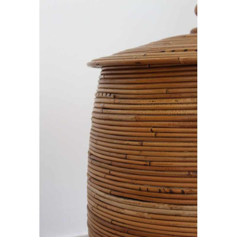 Vintage cylindrical wicker basket, Italy 1970s