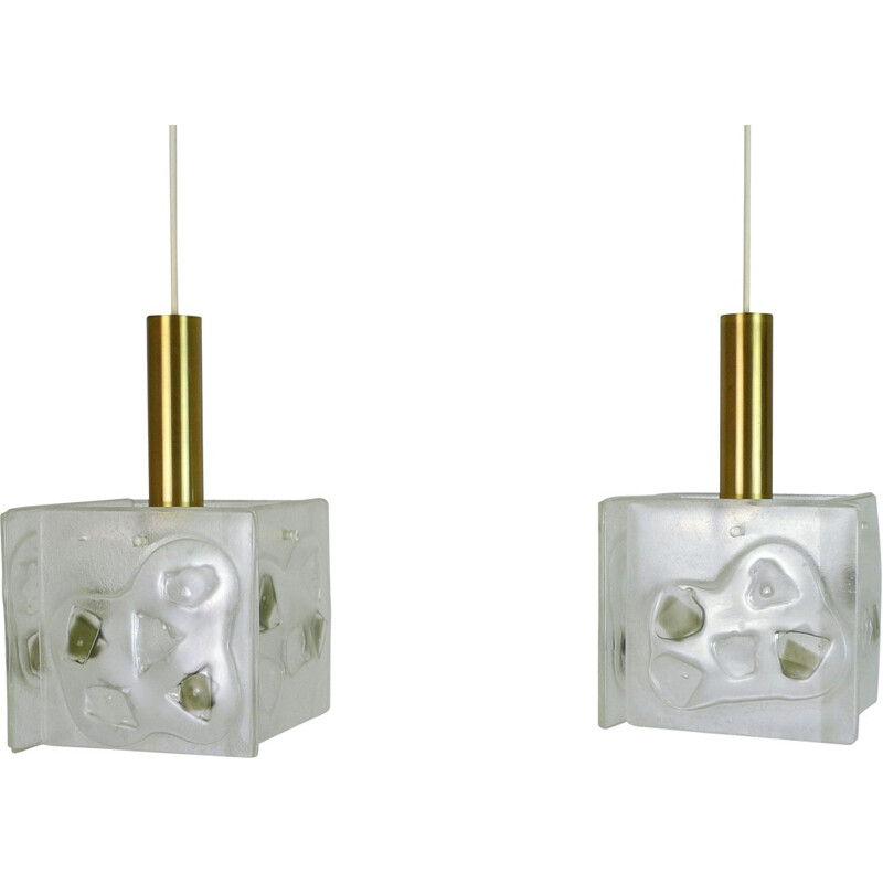 Pair of German hanging lamps in glass and brass - 1960s