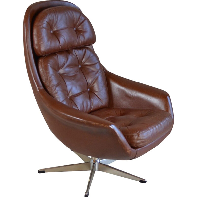 Danish swivel armchair in leather and chromed metal - 1970s