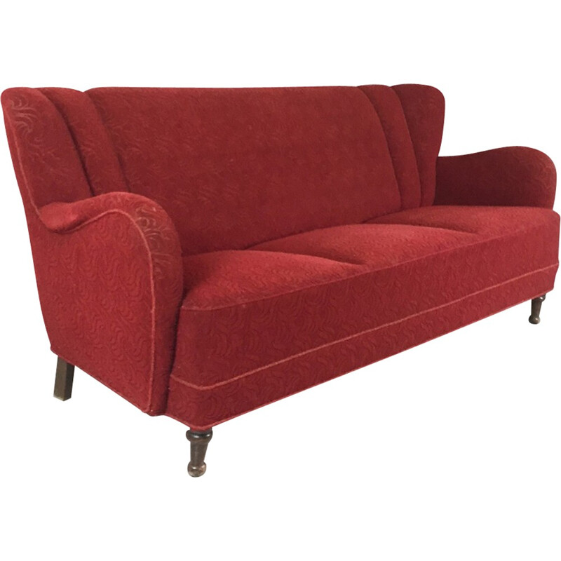 Canapé 3 places vintage en tissu rouge - 1950