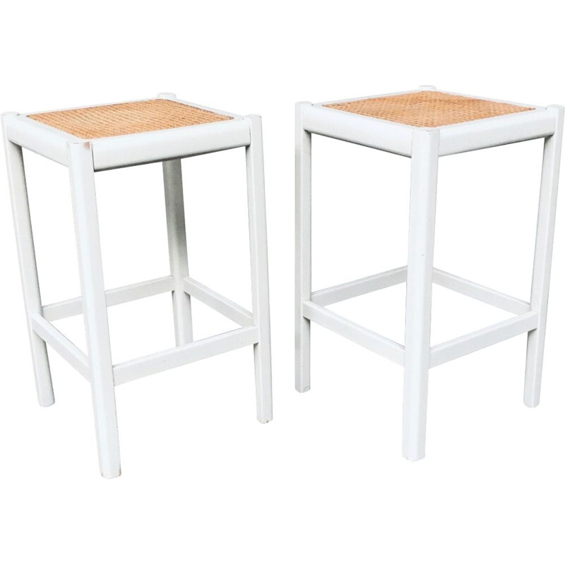 Pair of vintage high stools in white stained wood and cane, 1970