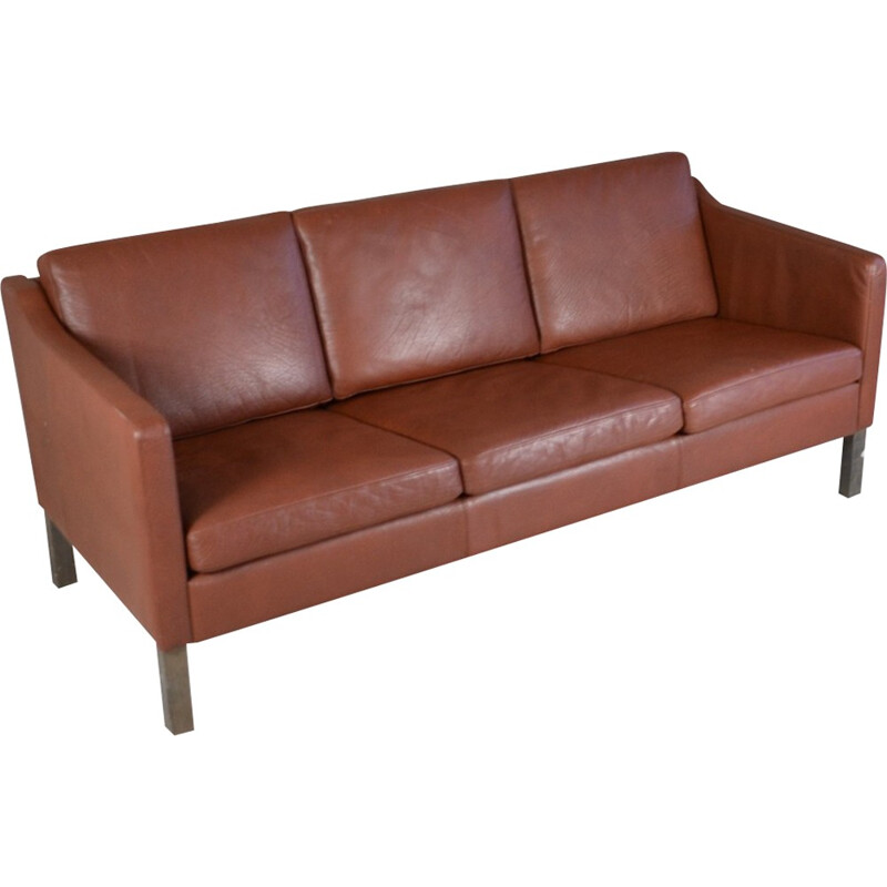 Danish 3 seater brown leather sofa - 1970s