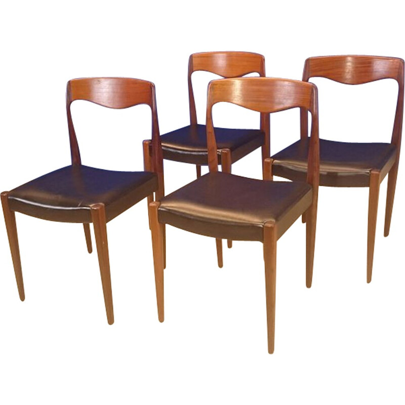 Set of 4 chairs in blond wood and black leatherette - 1950s