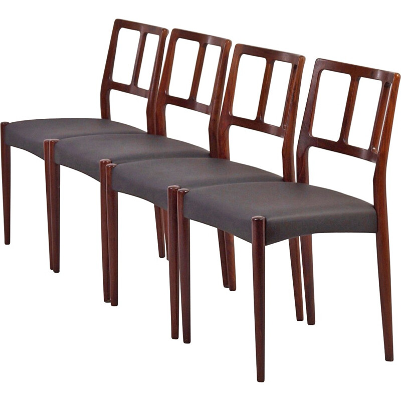 Set of 4 Uldum Møbelfabrik dingin chairs in rosewood and black leatherette, Johannes ANDERSEN - 1960s