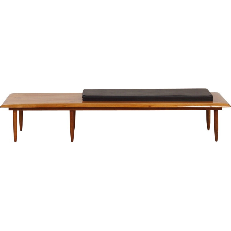 Mid-century bench in mahogany with its cushion in black leatherette - 1970s