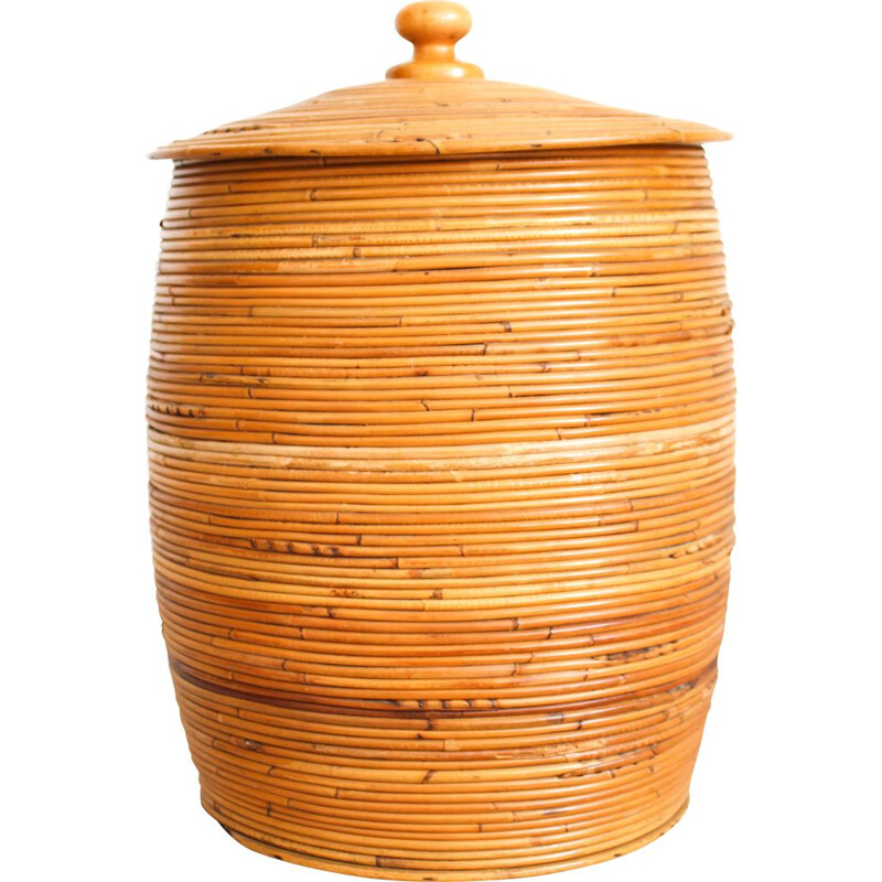 Vintage cylindrical wicker basket, Italy 1970s