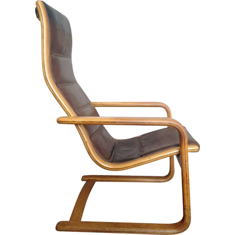 Scandinavian "Lamello" lounge chair in beech and brown leather, Yngve EKSTRÖM - 1970s