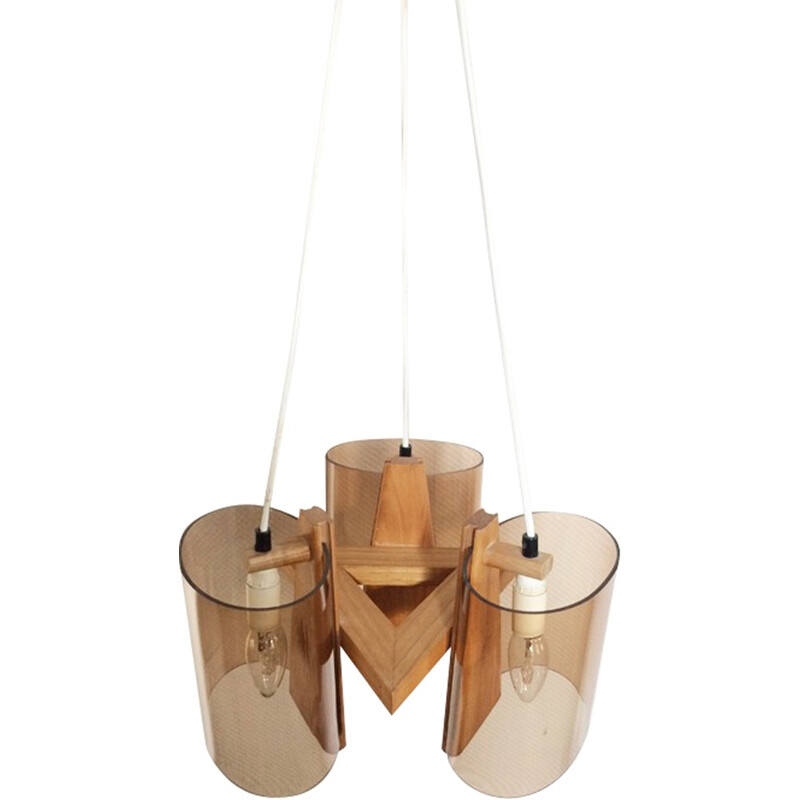 Scandinavian hanging lamp in smoked plexiglass and wood - 1970s