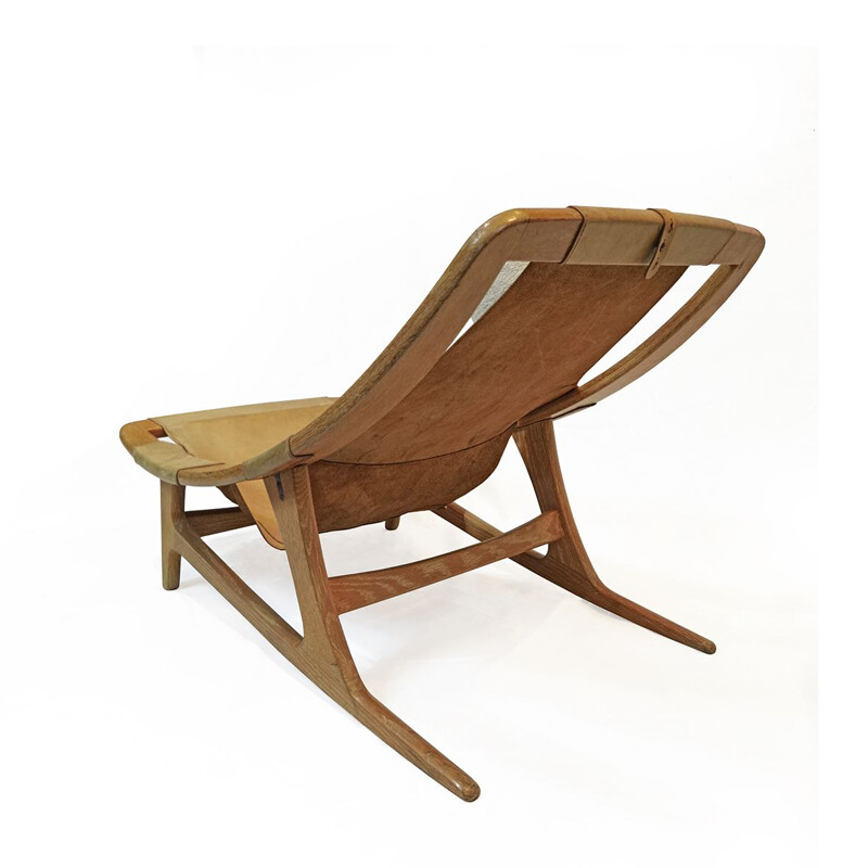 Vintage loungestoel "Hholmenkollenjren" in leer en eikenhout van Arne Tidemand Ruud voor Norcraft, Noorwegen