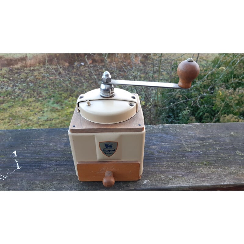 Vintage coffee grinder in painted sheet metal and wood, 1950