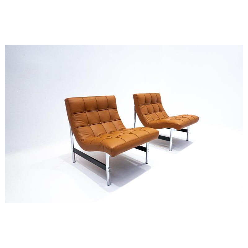 Pair of mid-century Italian armchairs in cognac leather, 1970s