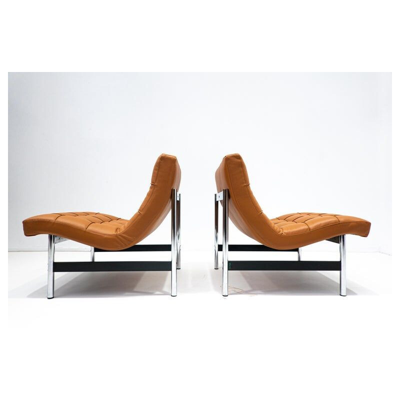 Pair of mid-century Italian armchairs in cognac leather, 1970s