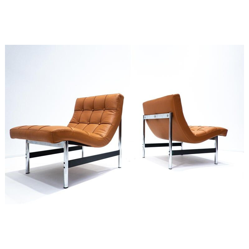 Pair of mid-century Italian armchairs in cognac leather, 1970s