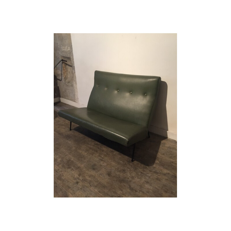 Green leatherette sofa, DANGLES & DEFRANCE - 1960s