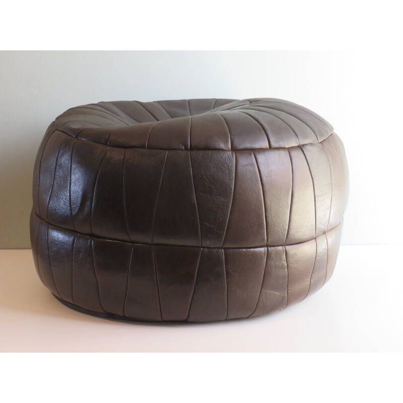 Vintage pouf in dark brown patchwork leather, Belgium 1970s