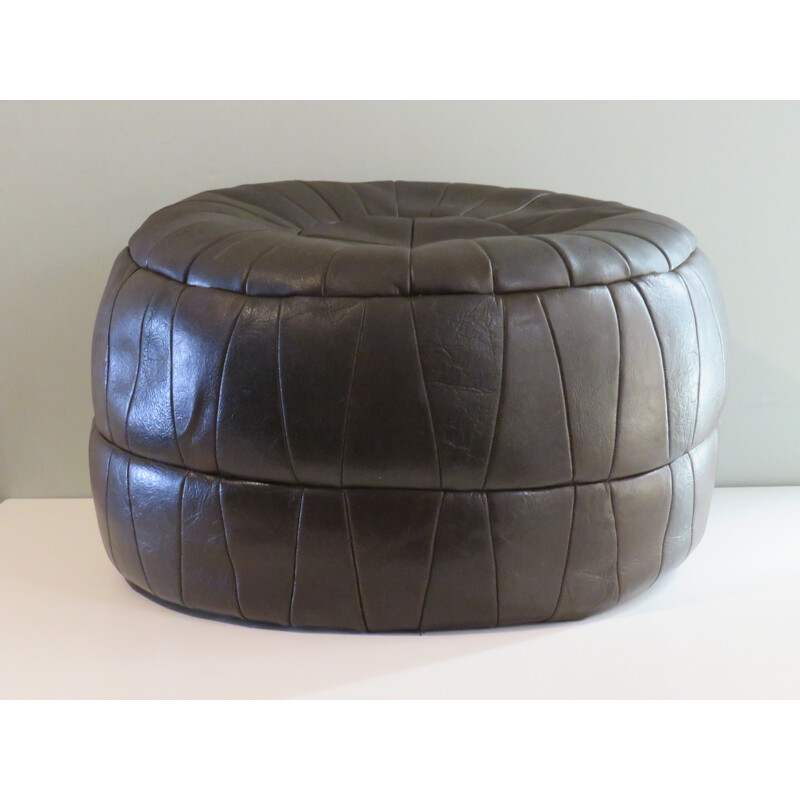 Vintage pouf in dark brown patchwork leather, Belgium 1970s