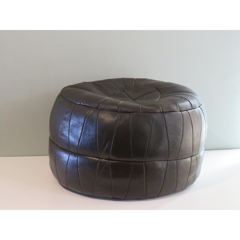 Vintage pouf in dark brown patchwork leather, Belgium 1970s