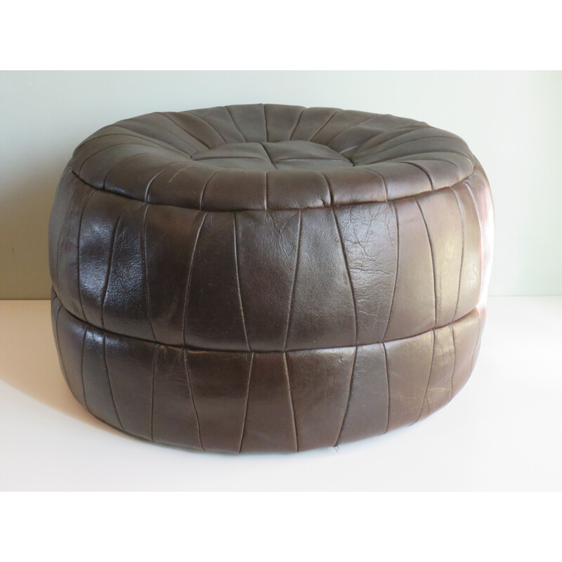 Vintage pouf in dark brown patchwork leather, Belgium 1970s