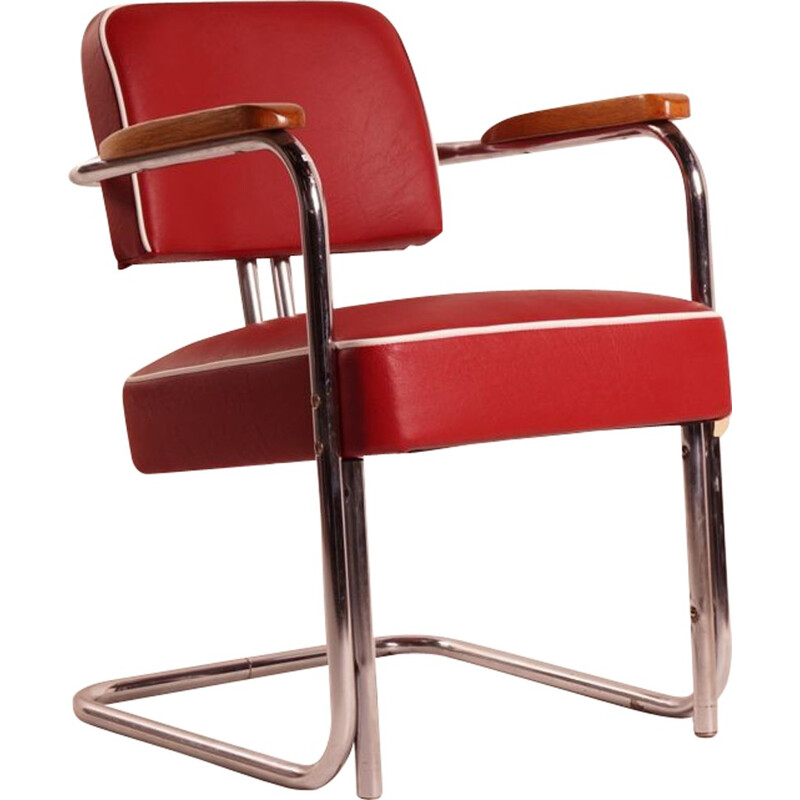 Fauteuil Bauhaus en fer chromé et simili cuir rouge - 1930