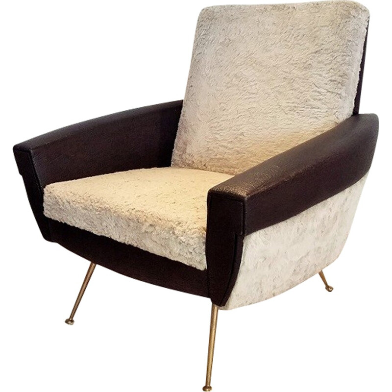 Fauteuil vintage en skai, tissu et laiton - 1950