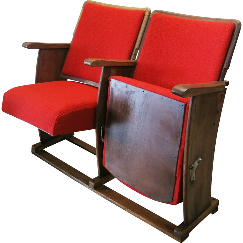 Vintage portuguese red cinema 2 seater bench - 1940s