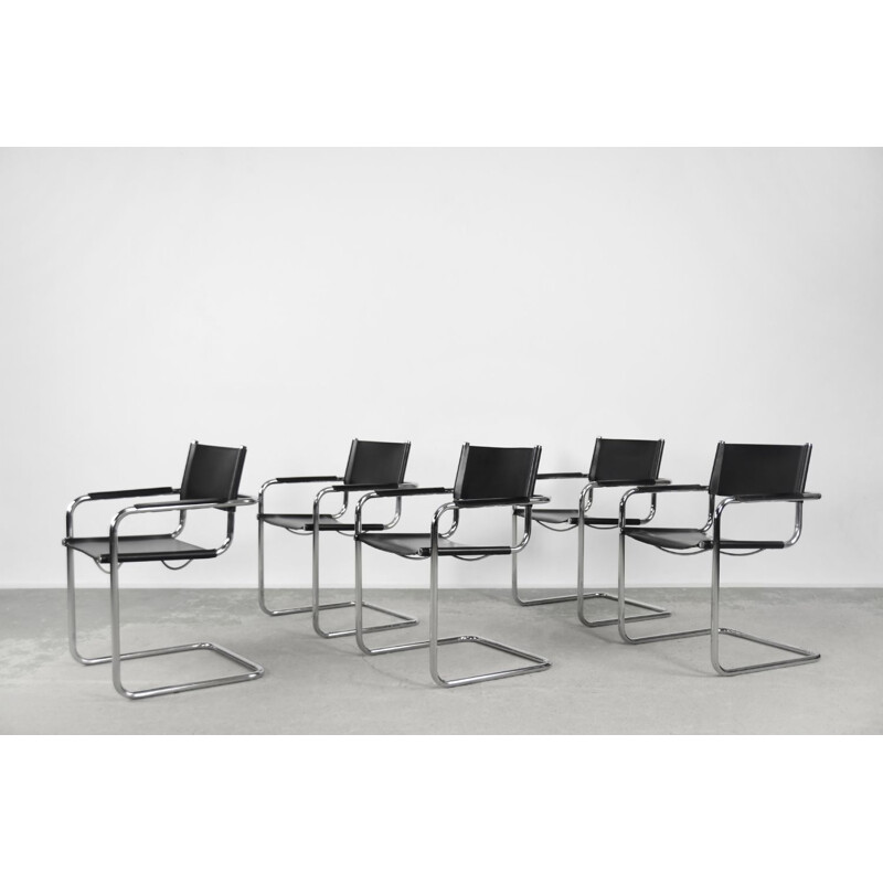 Set of 5 vintage black leather Bauhaus cantilever armchairs, Germany 1960s
