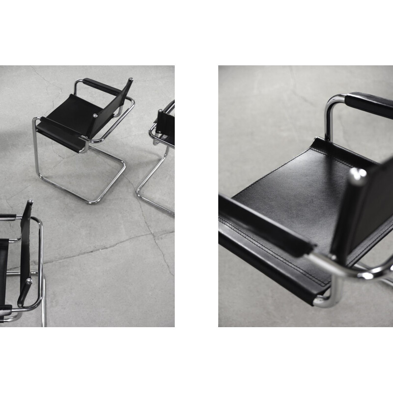 Set van 5 vintage zwart lederen Bauhaus sledefauteuils, Duitsland 1960