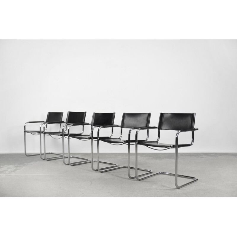 Set von 5 Bauhaus Vintage Freischwinger Sessel aus schwarzem Leder, Deutschland 1960