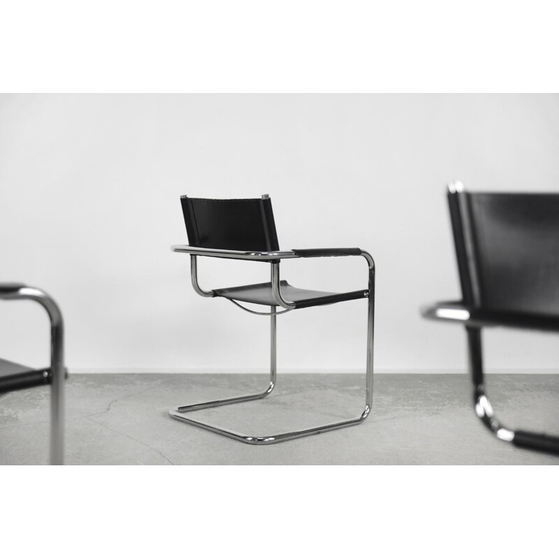 Set von 5 Bauhaus Vintage Freischwinger Sessel aus schwarzem Leder, Deutschland 1960