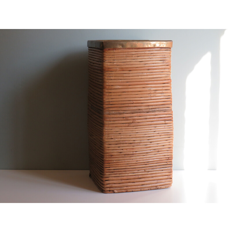Vintage umbrella stand in rattan and brass, 1970s