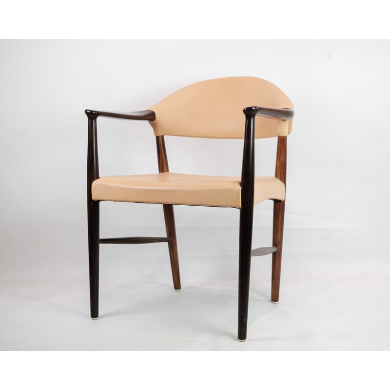 Vintage desk armchair in rosewood with light natural leather by Kurt Olsen, 1960s