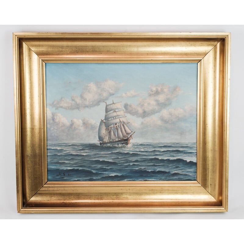Vintage marine painting with gold frame, 1920