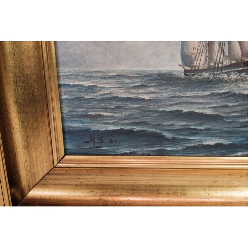 Peinture vintage marine de mer avec cadre doré, 1920